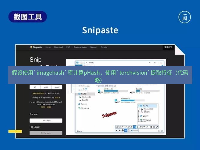 截图工具 假设使用`imagehash`库计算pHash，使用`torchvision`提取特征（代码略）